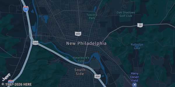Map of New Philadelphia, OH. The exact address of New Towne Mall is not known, so the map shows the area rather than a specific building.