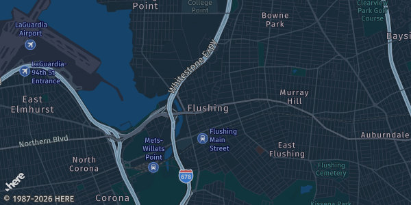 Map of Flushing, NY. The exact address of Four Points by Sheraton Flushing is not known, so the map shows the area rather than a specific building.