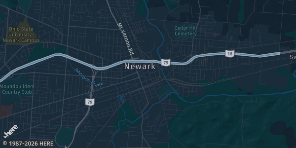 Map of Newark, OH. The exact address of Newark High School Commons is not known, so the map shows the area rather than a specific building.