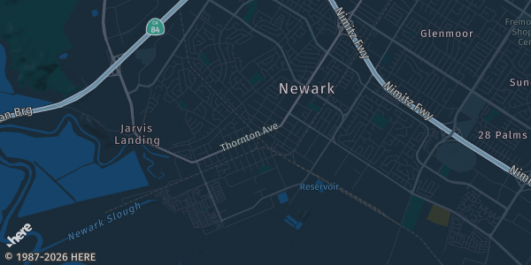 Map of Newark, CA. The exact address of Newark Pavilion is not known, so the map shows the area rather than a specific building.