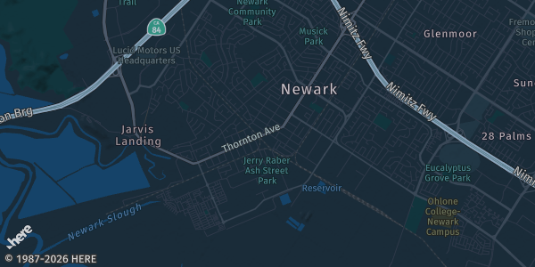Map of Newark, CA. The exact address of Newark Pavilion is not known, so the map shows the area rather than a specific building.