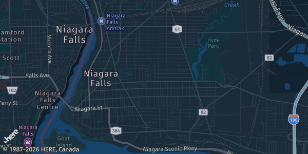 Map of Niagara Falls, NY. The exact address of St. Leo Church (Bingo Hall) is not known, so the map shows the area rather than a specific building.