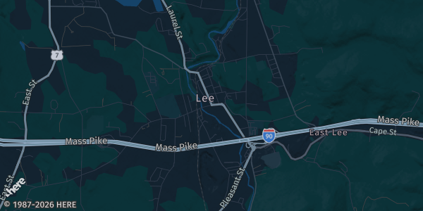 Map of Lee, MA. The exact address of Vendor Space Building 420 is not known, so the map shows the area rather than a specific building.