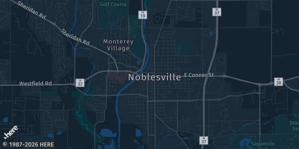 Map of Noblesville, IN. The exact address of Noblesville Moose Lodge #540 is not known, so the map shows the area rather than a specific building.