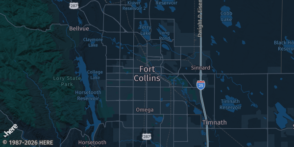 Map of Fort Collins, CO. The exact address of The Drake Centre is not known, so the map shows the area rather than a specific building.
