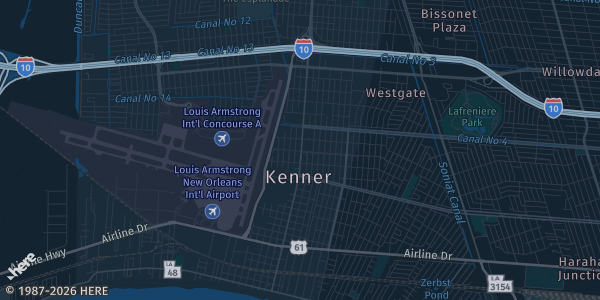 Map of Kenner, LA. The exact address of Pontchartrain Center is not known, so the map shows the area rather than a specific building.