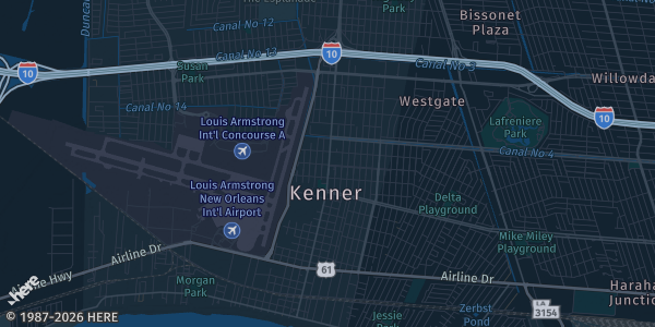 Map of Kenner, LA. The exact address of Pontchartrain Center is not known, so the map shows the area rather than a specific building.