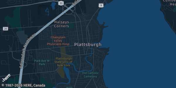 Map of Plattsburgh, NY. The exact address of Party Plus Events is not known, so the map shows the area rather than a specific building.