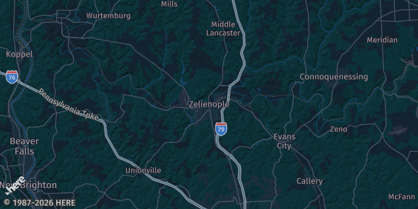Map of Zelienople, PA. The exact address of this venue is not known, so the map shows the area rather than a specific building.