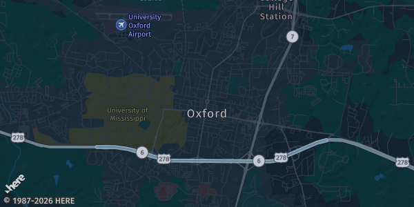 Map of Oxford, MS. The exact address of Oxford Activity Center is not known, so the map shows the area rather than a specific building.