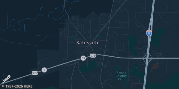 Map of Batesville, MS. The exact address of Batesville Civic Center is not known, so the map shows the area rather than a specific building.