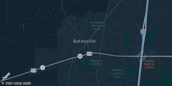 Map of Batesville, MS. The exact address of Batesville Civic Center is not known, so the map shows the area rather than a specific building.