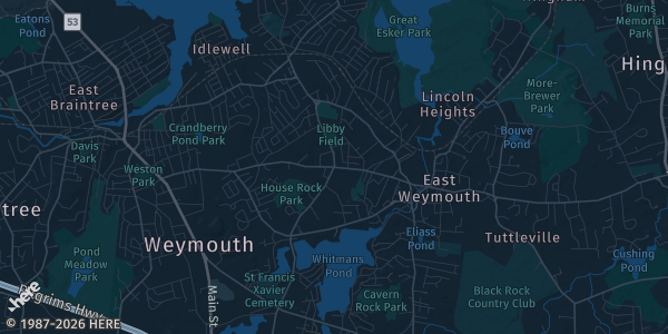 Map of Weymouth, MA. The exact address of Knights of Columbus is not known, so the map shows the area rather than a specific building.