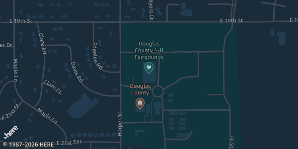 Map showing Douglas County 4-H Fairgrounds in Lawrence, KS.