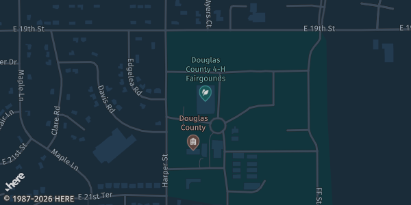 Map showing Douglas County 4-H Fairgrounds in Lawrence, KS.