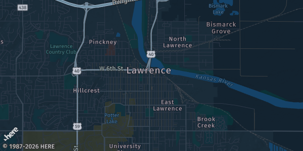 Map of Lawrence, KS. The exact address of Douglas County Fairgrounds Building 21 South is not known, so the map shows the area rather than a specific building.