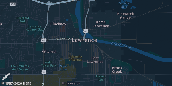 Map of Lawrence, KS. The exact address of Douglas County Fairgrounds Building 21 South is not known, so the map shows the area rather than a specific building.