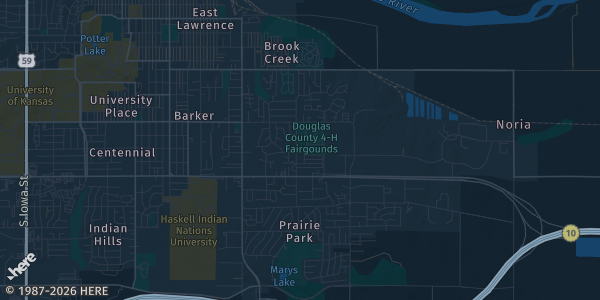 Map of Lawrence, KS. The exact address of Northeast KS Card Show is not known, so the map shows the area rather than a specific building.