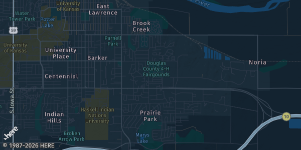 Map of Lawrence, KS. The exact address of Northeast KS Card Show is not known, so the map shows the area rather than a specific building.
