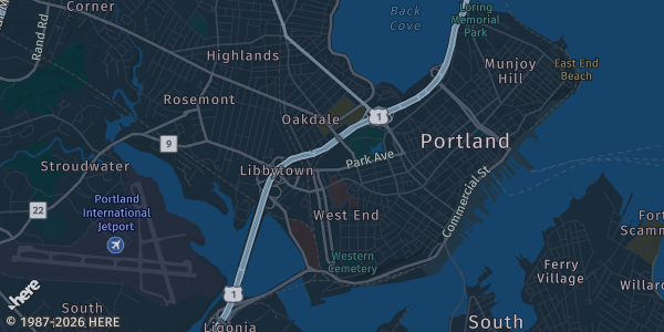 Map of Portland, ME. The exact address of Northeast Sports Card Expo is not known, so the map shows the area rather than a specific building.