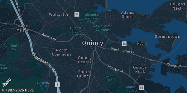 Map of Quincy, MA. The exact address of Marriott Boston Quincy is not known, so the map shows the area rather than a specific building.