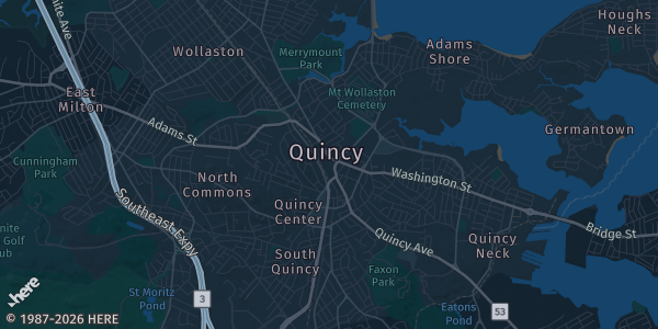 Map of Quincy, MA. The exact address of Marriott Boston Quincy is not known, so the map shows the area rather than a specific building.