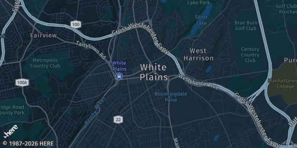 Map of White Plains, NY. The exact address of Westchester County Center is not known, so the map shows the area rather than a specific building.