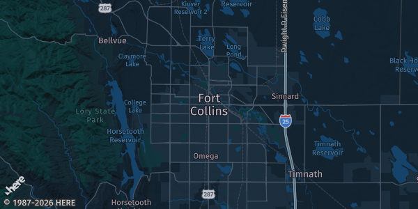 Map of Fort Collins, CO. The exact address of The Drake Centre is not known, so the map shows the area rather than a specific building.