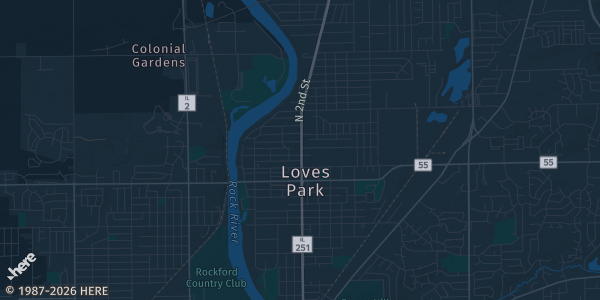 Map of Loves Park, IL. The exact address of Elite Sports Center is not known, so the map shows the area rather than a specific building.