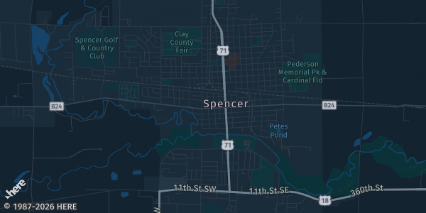 Map of Spencer, IA. The exact address of Clay County Fair Events Center is not known, so the map shows the area rather than a specific building.