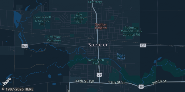 Map of Spencer, IA. The exact address of Clay County Fair Events Center is not known, so the map shows the area rather than a specific building.