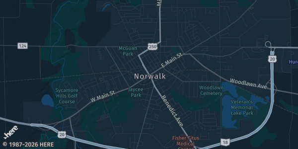 Map of Norwalk, OH. The exact address of Huron County Fairgrounds is not known, so the map shows the area rather than a specific building.
