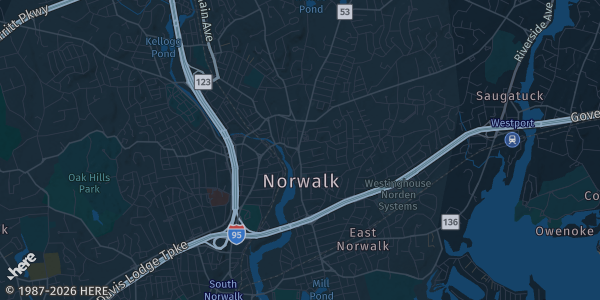 Map of Norwalk, CT. The exact address of American Legion Post 12 is not known, so the map shows the area rather than a specific building.