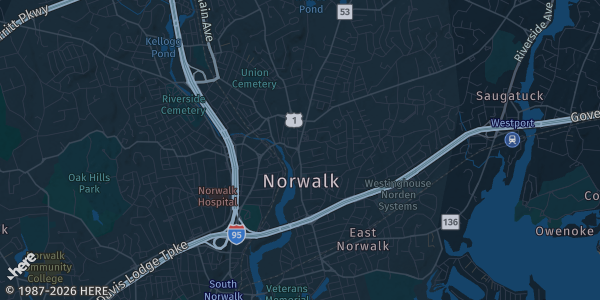 Map of Norwalk, CT. The exact address of American Legion Post 12 is not known, so the map shows the area rather than a specific building.
