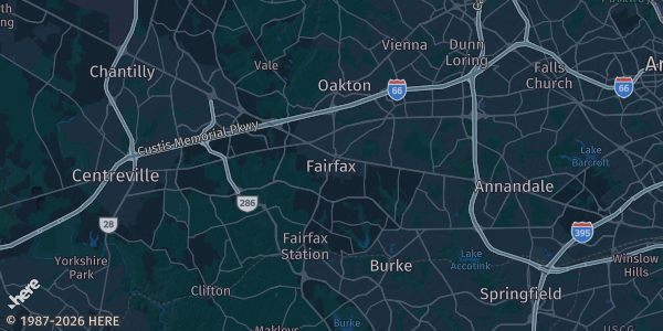 Map of Fairfax, VA. The exact address of DTL Sports Center is not known, so the map shows the area rather than a specific building.