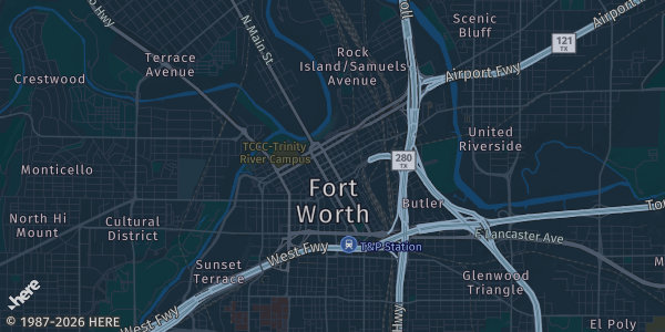 Map of Fort Worth, TX. The exact address of Dickies Arena is not known, so the map shows the area rather than a specific building.