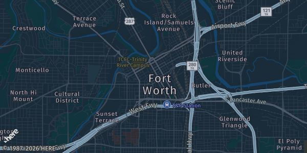 Map of Fort Worth, TX. The exact address of Amon G. Carter Jr. Exhibits Hall — Will Rogers Memorial Center is not known, so the map shows the area rather than a specific building.