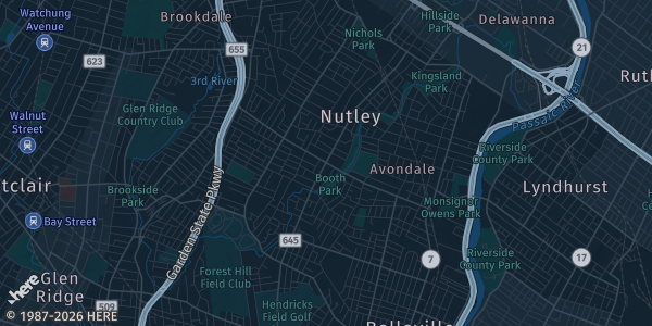 Map of Nutley, NJ. The exact address of Nutley Parks & Recreation is not known, so the map shows the area rather than a specific building.