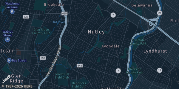 Map of Nutley, NJ. The exact address of Nutley Parks & Recreation is not known, so the map shows the area rather than a specific building.