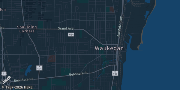 Map of Waukegan, IL. The exact address of Lake Station VFW is not known, so the map shows the area rather than a specific building.