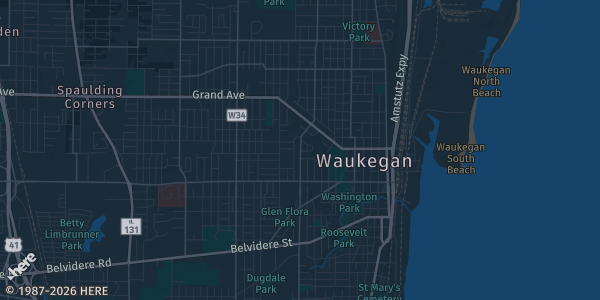 Map of Waukegan, IL. The exact address of Lake Station VFW is not known, so the map shows the area rather than a specific building.