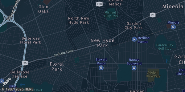 Map of New Hyde Park, NY. The exact address of New Hyde Park Elks Lodge #2107 is not known, so the map shows the area rather than a specific building.
