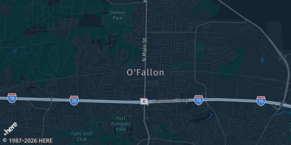 Map of O'fallon, MO. The exact address of The Crossings Church is not known, so the map shows the area rather than a specific building.
