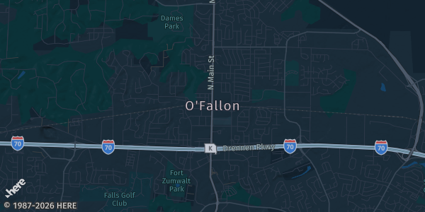 Map of O'fallon, MO. The exact address of The Crossings Church is not known, so the map shows the area rather than a specific building.