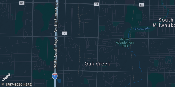 Map of Oak Creek, WI. The exact address of Salvation Army Community Center is not known, so the map shows the area rather than a specific building.