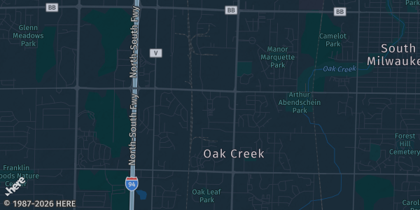 Map of Oak Creek, WI. The exact address of Salvation Army Community Center is not known, so the map shows the area rather than a specific building.