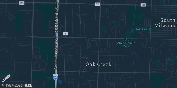 Map of Oak Creek, WI. The exact address of Salvation Army Community Center is not known, so the map shows the area rather than a specific building.