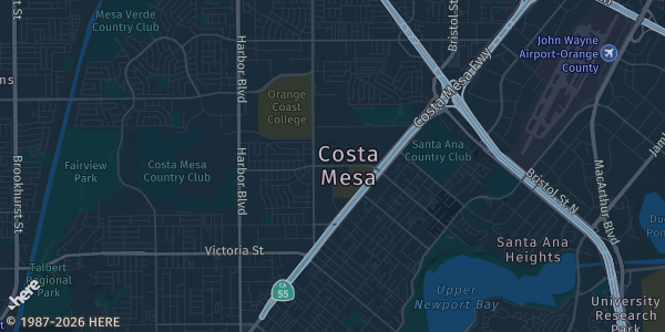 Map of Costa Mesa, CA. The exact address of OC Fair & Event Center Hanger Bldg is not known, so the map shows the area rather than a specific building.