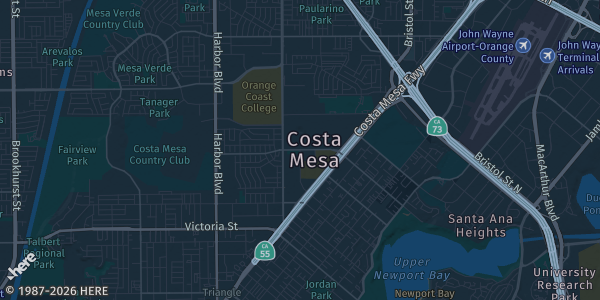 Map of Costa Mesa, CA. The exact address of OC Fair & Event Center Hanger Bldg is not known, so the map shows the area rather than a specific building.