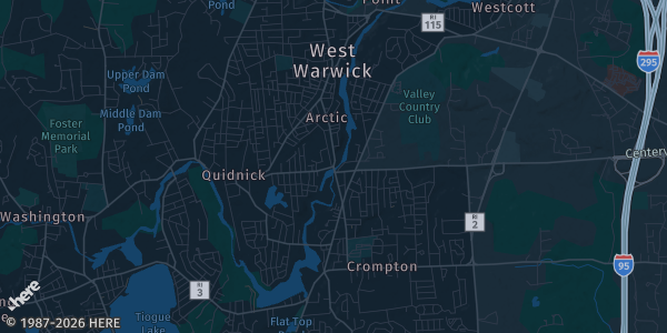 Map of West Warwick, RI. The exact address of West Warwick Civic Center is not known, so the map shows the area rather than a specific building.